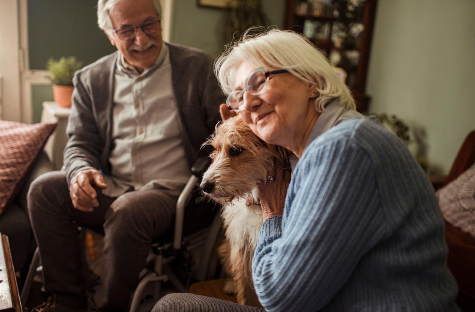 A senior couple in their living room. One snuggles their pet dog while the other looks on, laughing and smiling