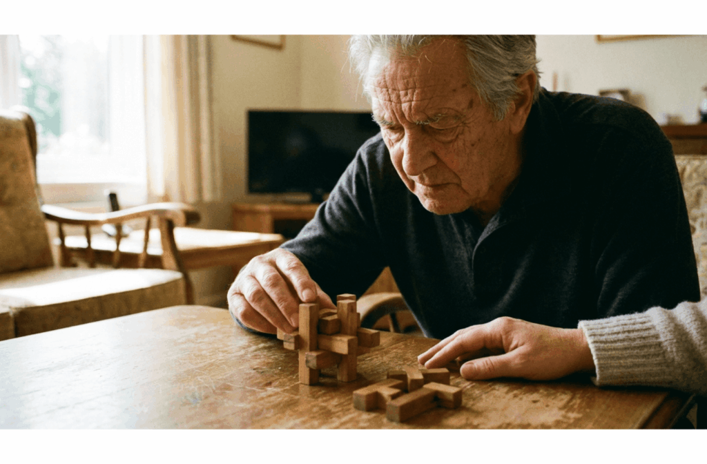 An older adult working on a puzzle with a caregiver nearby in a sunlit room, illustrating cognitive engagement.