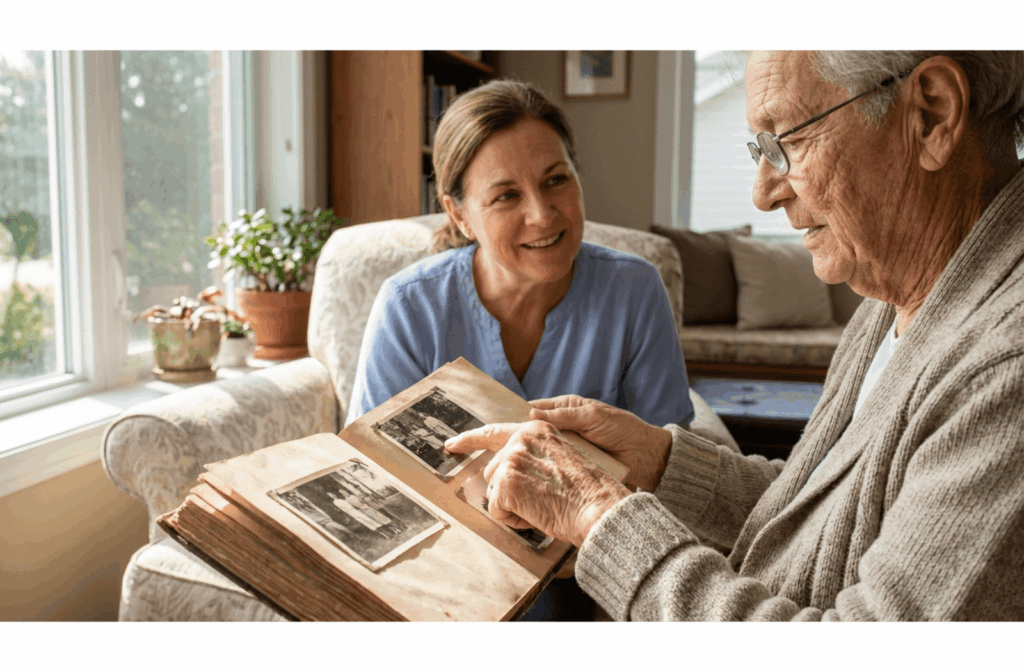 A caregiver and an older adult look through a photo album together in a bright, comfortable room.