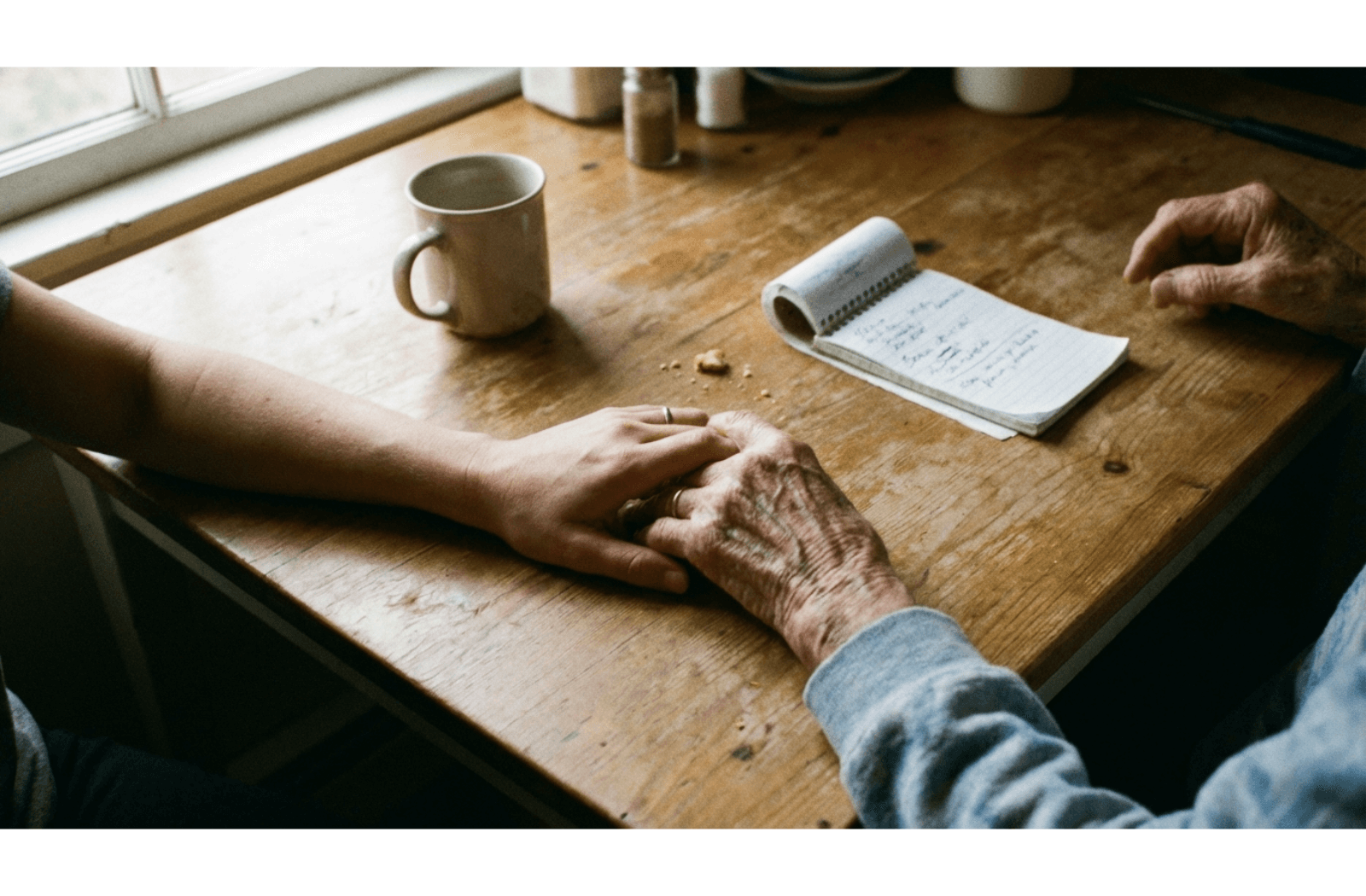 A younger adult holds the hand of a senior across a wooden table next to a notepad and a tea cup.