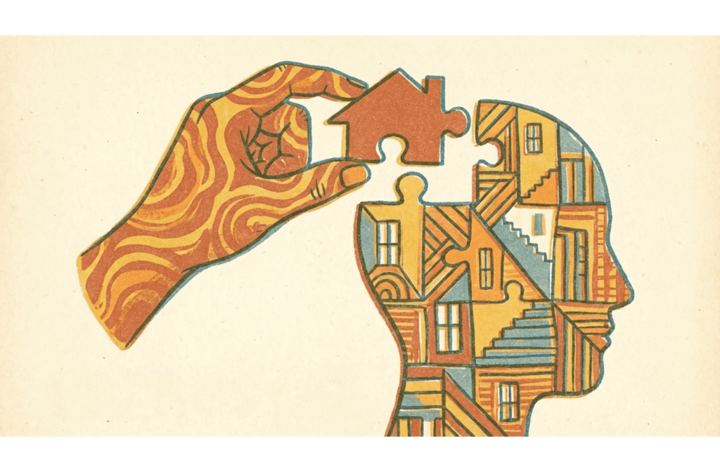 ditorial illustration showing a hand placing a puzzle piece into a human silhouette filled with warm, structured patterns representing memory care.