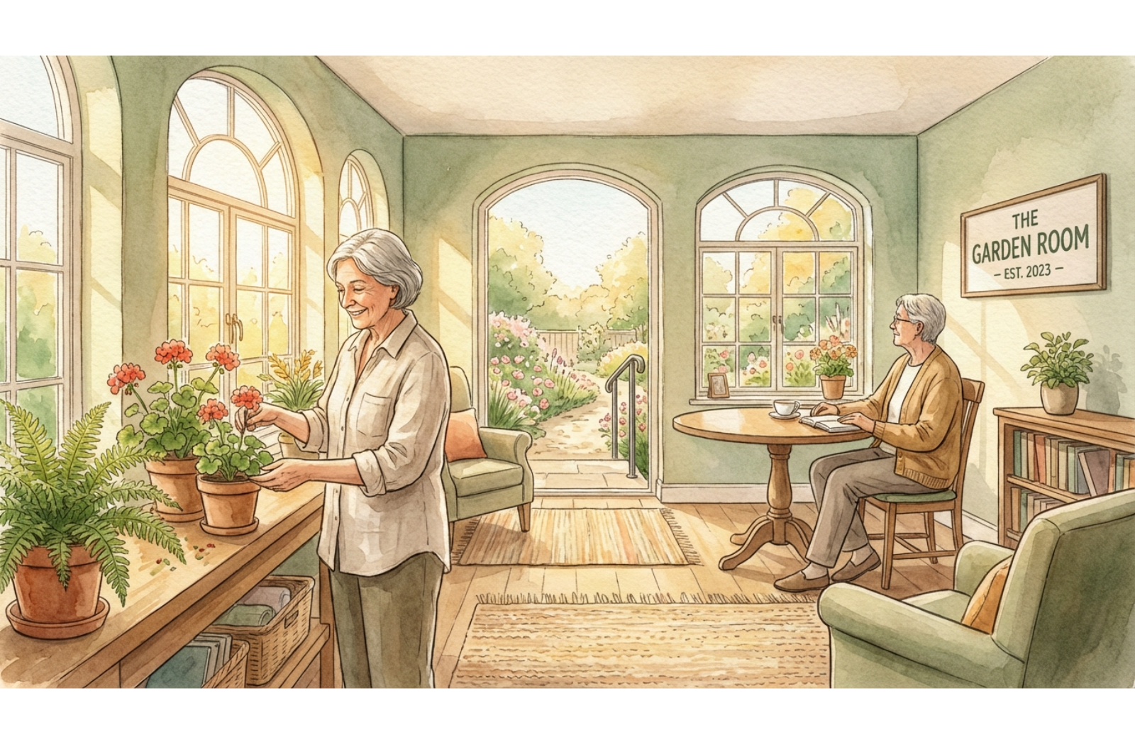 An older person tends to plants in a bright sunroom with large windows overlooking a garden, while another person drinks tea nearby.