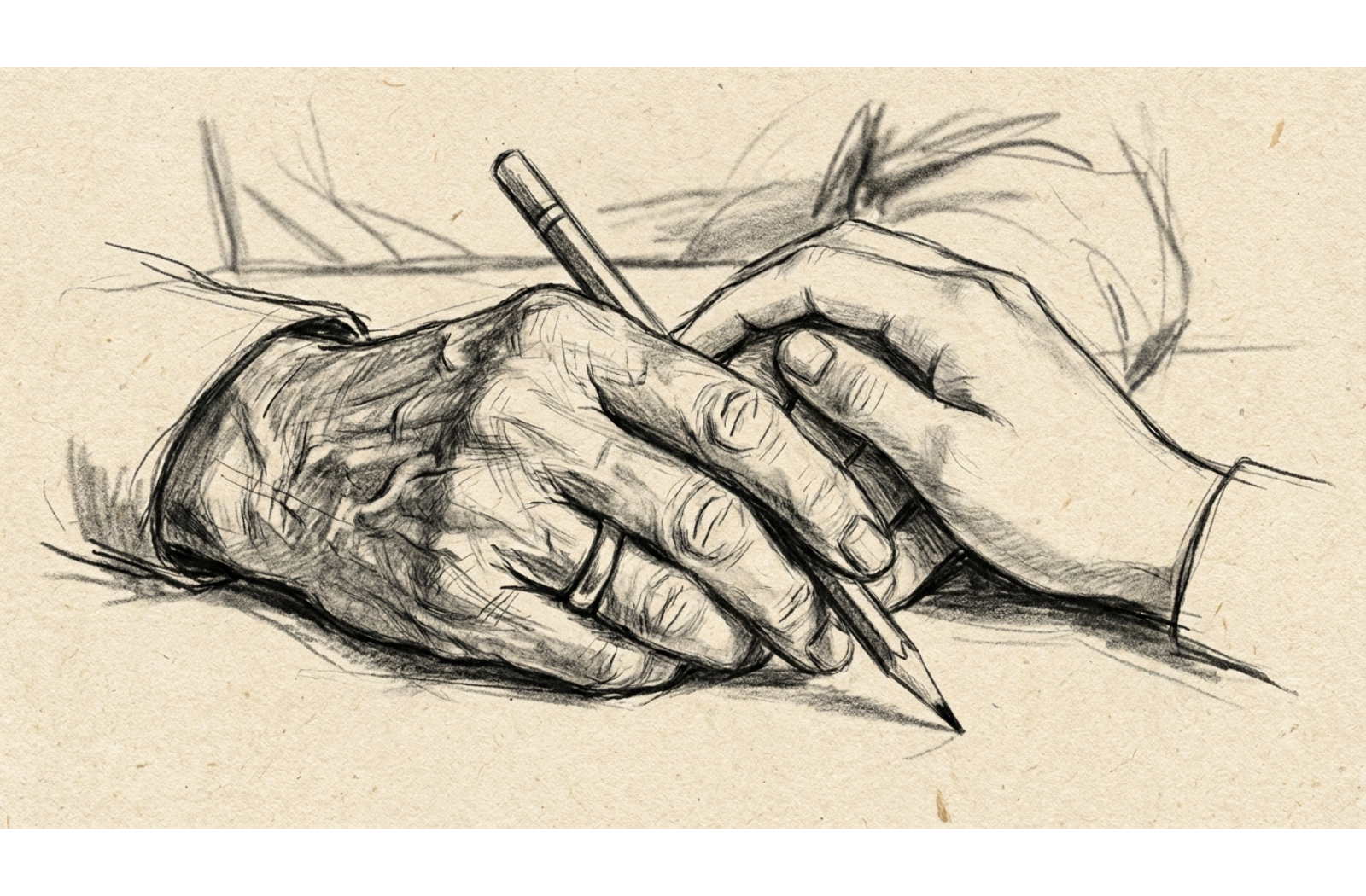 Charcoal sketch of a younger person's hand resting supportively near an older person's hand holding a pencil.