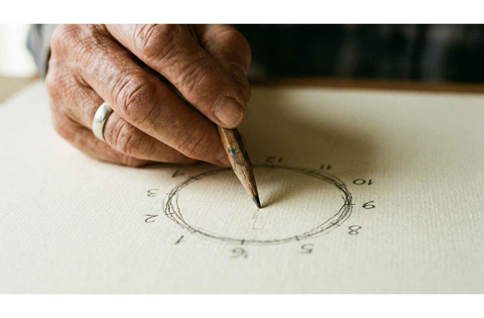 Close-up of an older adult's hand holding a pencil over a paper with a hand-drawn sketch of a clock face and numbers.